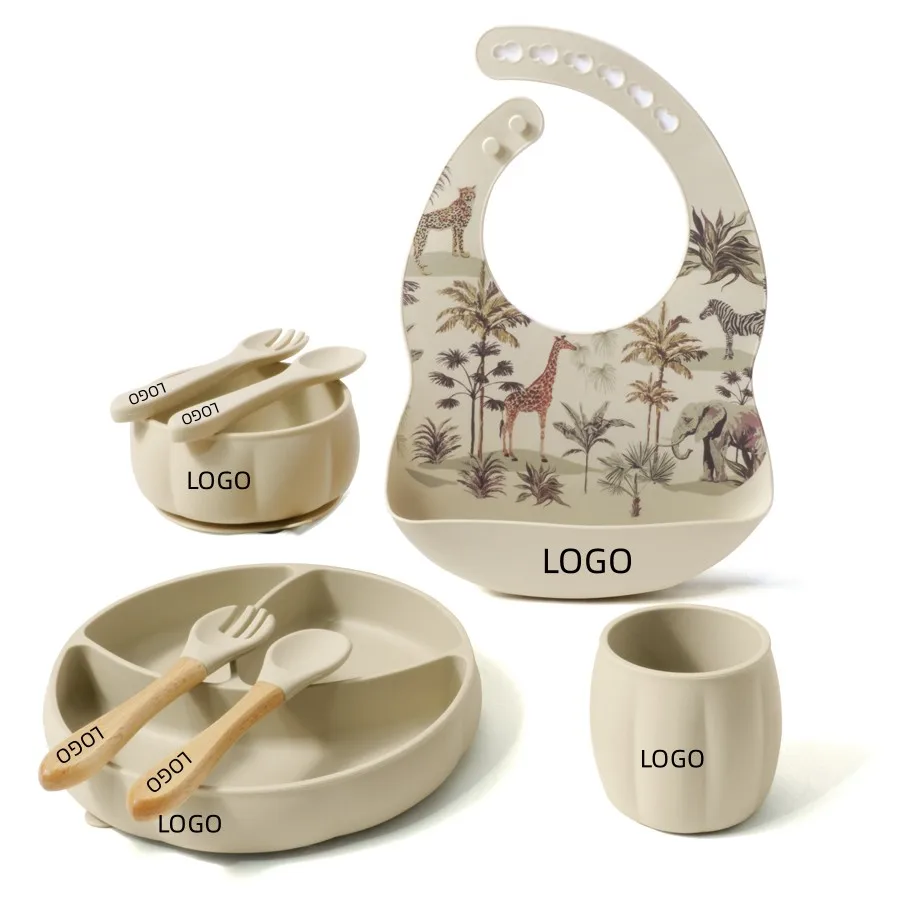 Waterproof Bib Kids Sucker Bowl Dishes Plate Cup Spoon Fork 