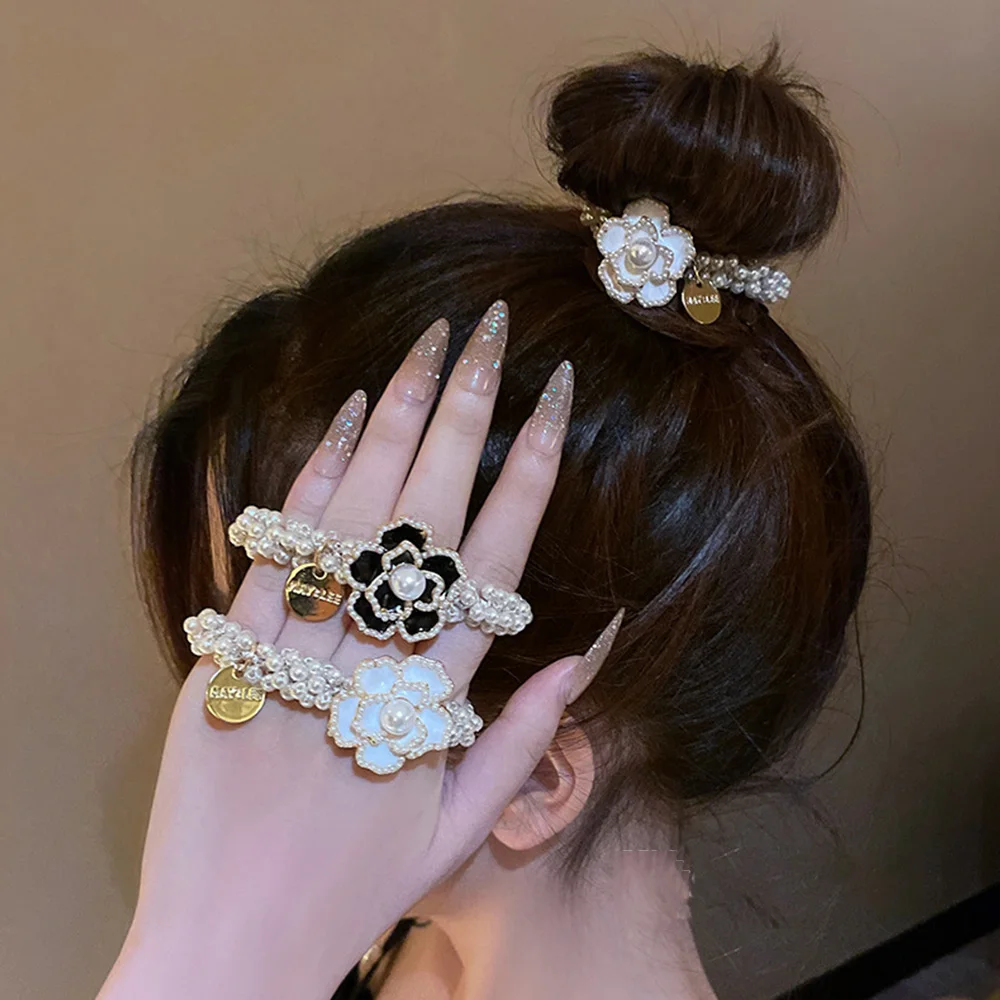 

Модная жемчужная лента для волос камелии для женщин и девушек эластичная повязка для волос в пучок заколки для конского хвоста аксессуары для волос головной убор