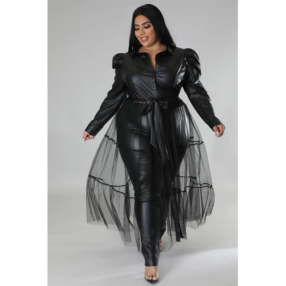 Plus Size Leather and Mesh Patchwork Sexy Shirt Dress Big Size Long Sleeves Turn Down Fashion Button-up Casual 3xl 4xl 5xl 6xl