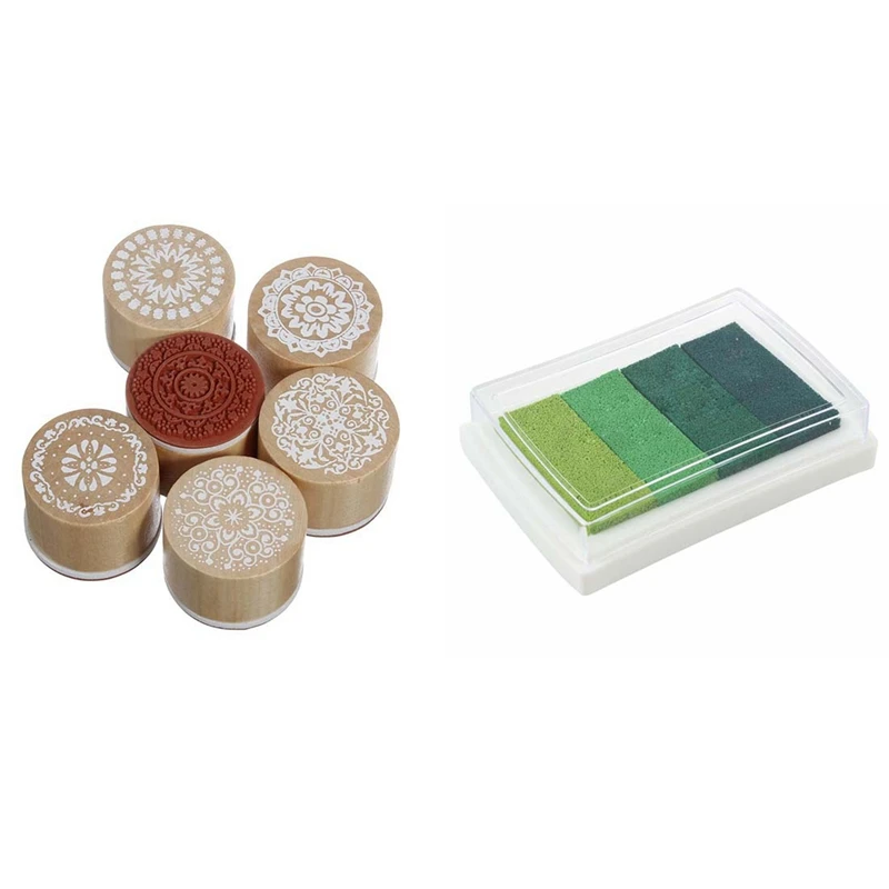 

Чернильная прокладка Inkpad Craft с несколькими градиентными зелеными чернилами, 4 цвета, масляная прокладка с 6 различными деревянными резиновыми штампами