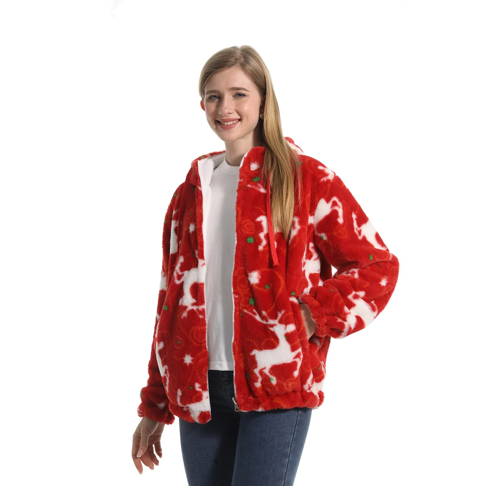 

Women Fuzzy Fleece Jackets 2023 New Women'S Autumn And Winter Cardigan Zippered Hooded Printed Sweater Blusas Para Mujer