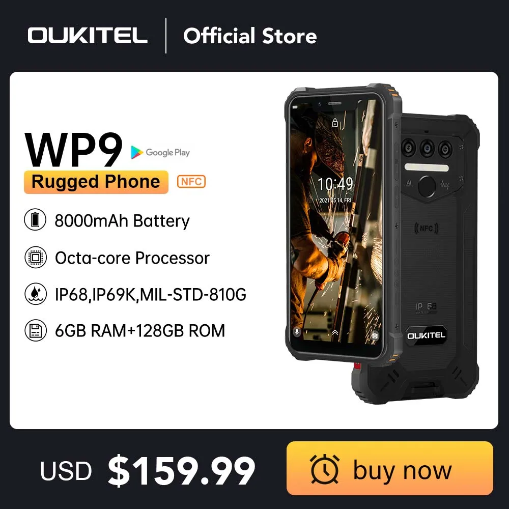 

Oukitel WP9 Rugged 4G LTE Smartphone NFC 6G+128G 5.86" HD+ 8000mAh Android10 Mobile Phone 16M/8M Camera Octa Core Smart Phone