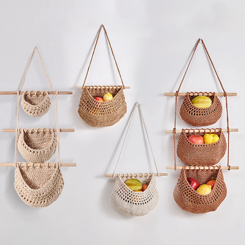 

Hand Woven Hanging Wall Vegetable Fruit Basket Organizer Container Bohemian Decor Kitchen Sundries Net Pocket Storage Bag