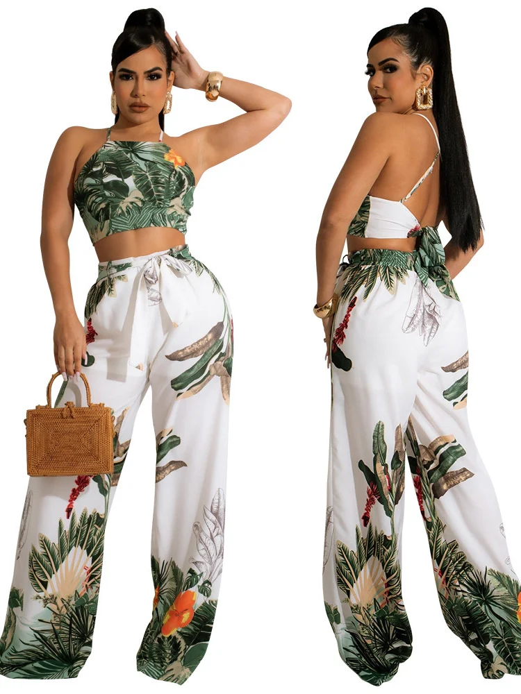 

Sexy Halter Women's Set Sleeveless Fashion Print Bandage Two Piece Sets Streetwear Crop Tops and Pants Suits