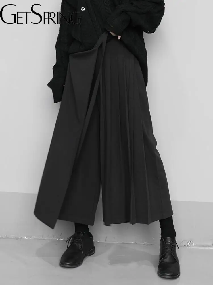 

GetSpring Women Pant Capris Elastic Waist Irregular Wide Leg Pants Loose Casual Asymmetrical Ankle-Length Black Trousers 2022