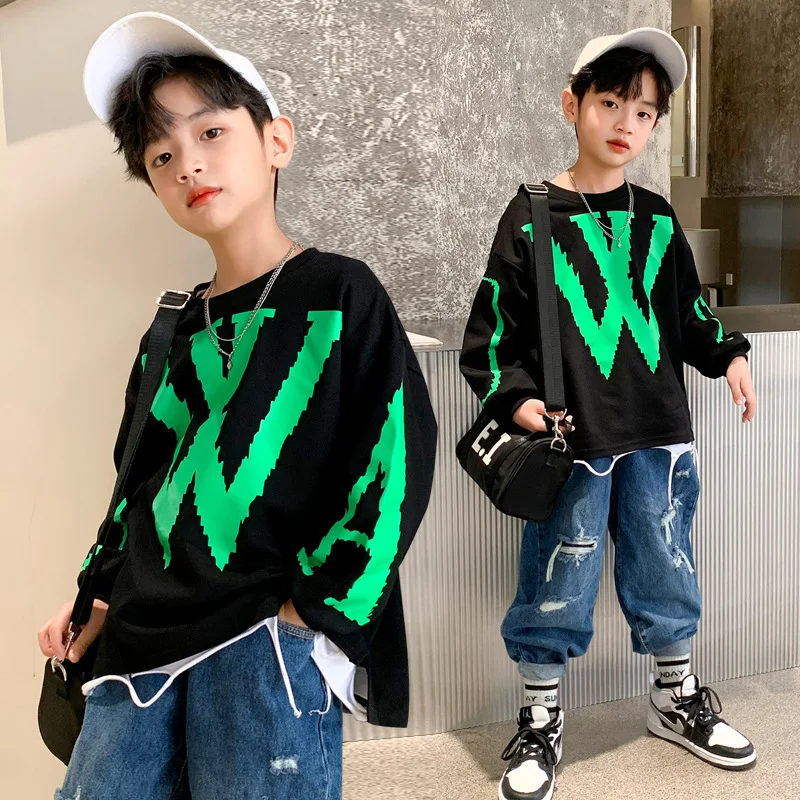 

Kids Boys Spring Sweatshirt Clothes Tie-Dye Letter Long-Sleeved Tops Teen New Casual Fashion Bottoming Loose Children Pullover