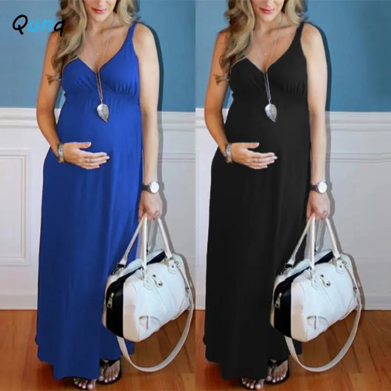 

Qunq 2023 Summer New Women Pregnancy Dress V Neck Solid Suspender Elegant Temperament Knitted Dress Casual Maternity Clothes