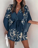 2022 new summer beach elegant women dresses sexy v neck lace up floral print mini dress casual flared sleeves ladies party dress