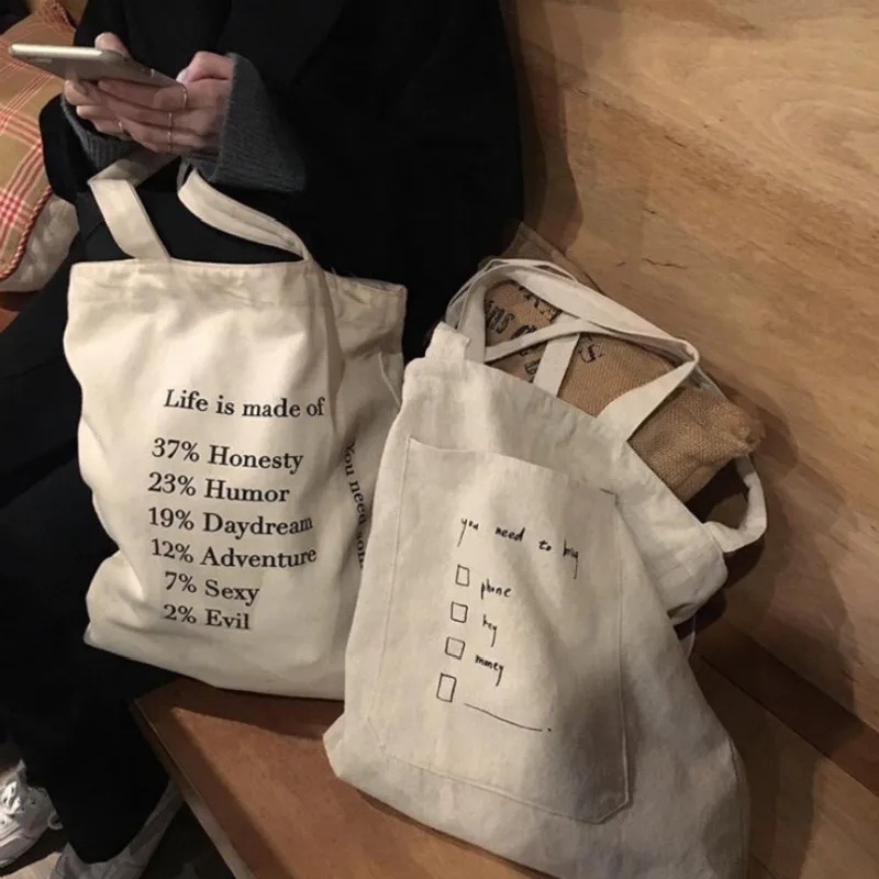

Fashion Canvas Bags Casual Letter Printing Canvas Tote Large Capacity Simple Style Shopping Handbag