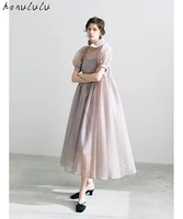 2022 spring and summer new elegant palace style solid color high neck puff sleeve dress women