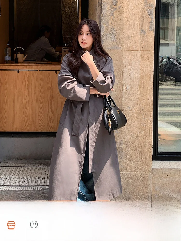 Серый экстра-длинный плащ с воротником-стойкой больших размеров Верхняя одежда