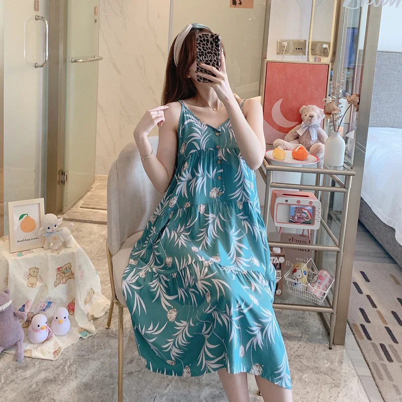Women's Nightdress Cotton Silk Summer Thin Faux Printed Suspender Nighty Pregnant Women Can Wear Outside