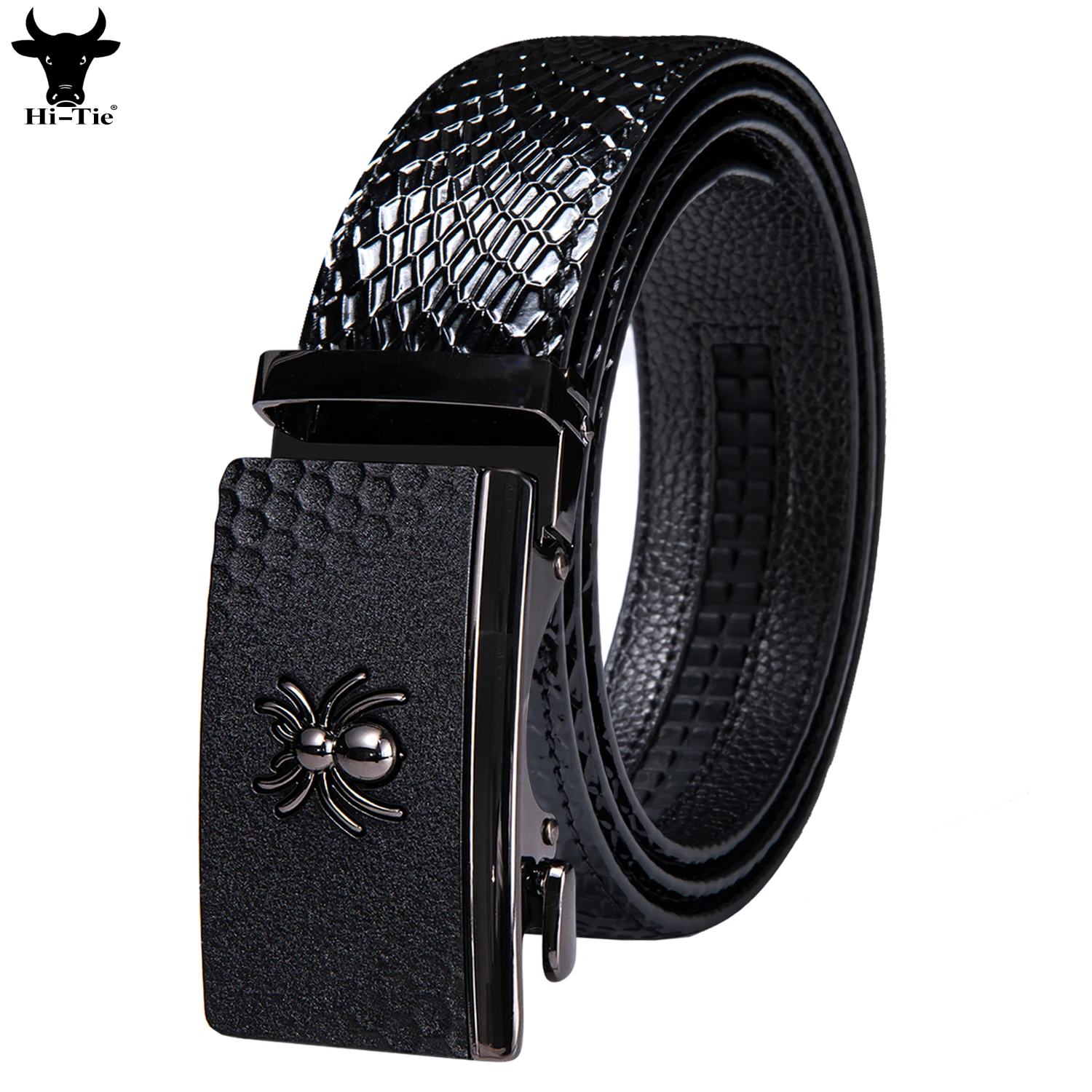 Black Leather Mens Belts Emboss Ratchet Strap Waistband Automatic Buckles Sliding Dress Jeans Belt for Men Wedding Business Gift