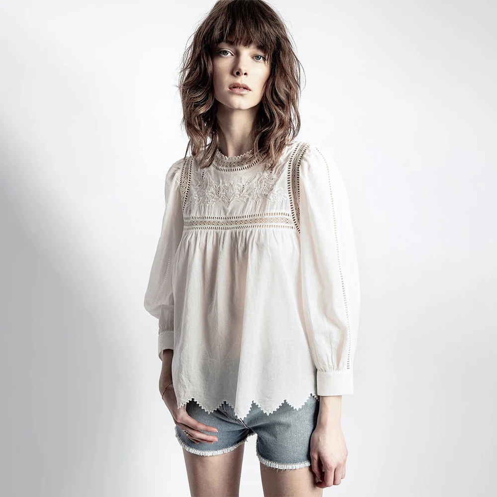 

23 Spring Summer zv French rustic round neck hollow embroidery 9 part sleeves irregular lace lantern sleeve doll shirt blouse