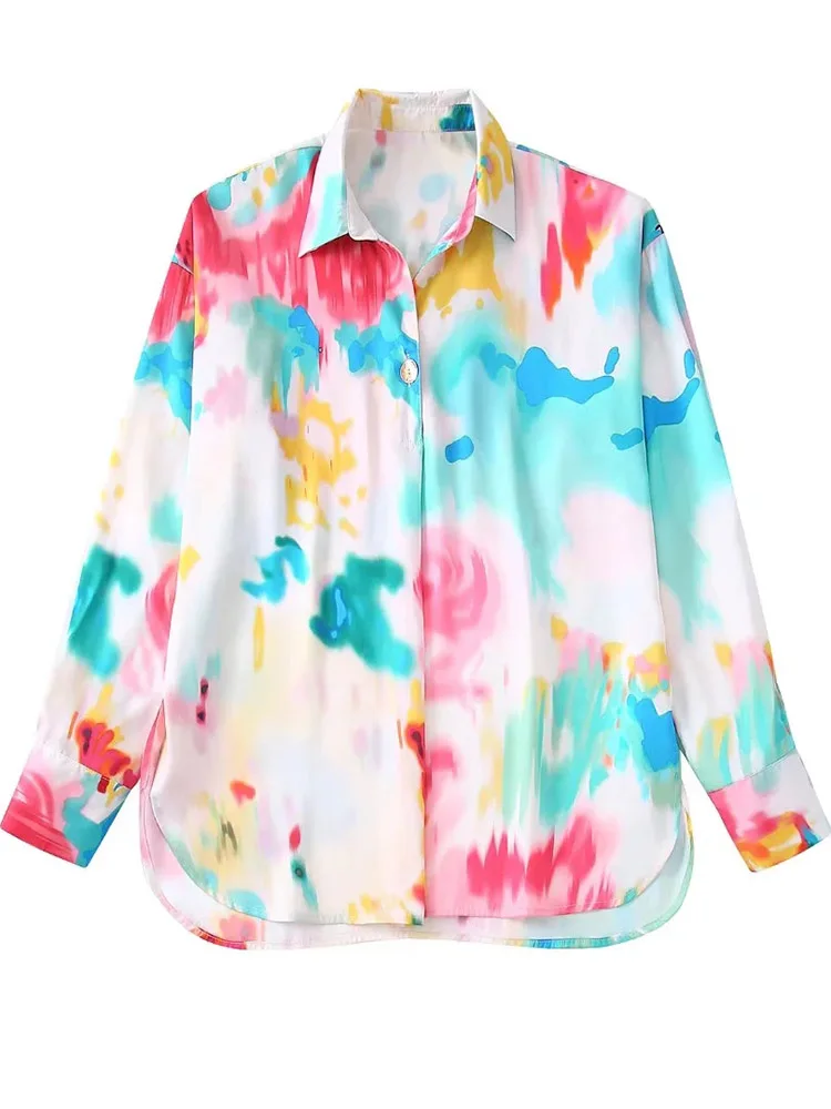 

Women Fashion Tie-dye Print Loose Flowing Shirts Vintage Long Sleeve Side Vents Female Blouses Blusas Chic Tops