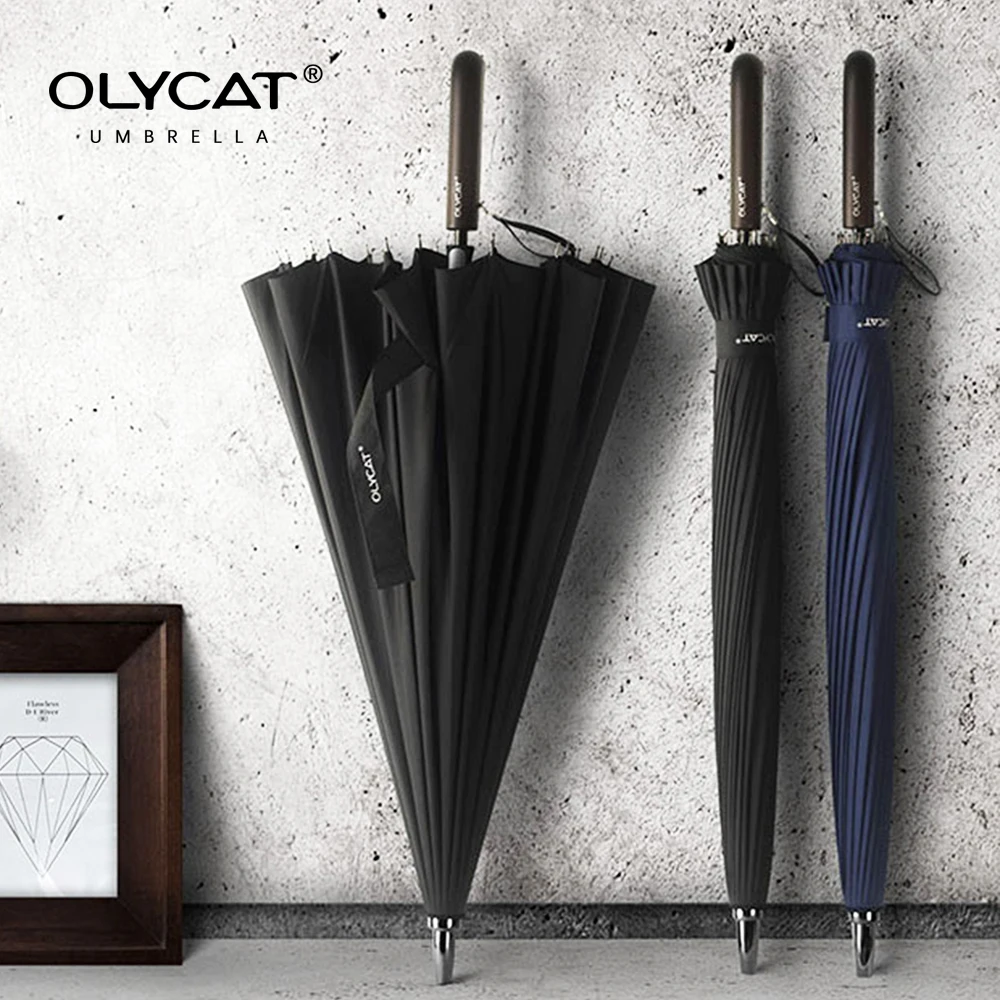 

OLYCAT 24K Straight Long Umbrella Windproof Strong Wooden Handle Rain Umbrella Women Men Business Brand Glassfiber Paraguas