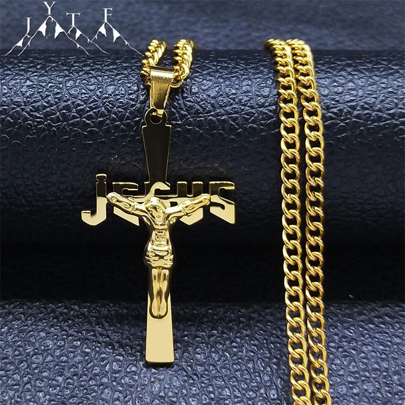 

2022 Jesus Cross Hip Hop Catholic Necklace Stainless Steel Chain Women Men Gold Color Religious Necklaces Jewelry Gitfs N4936S05