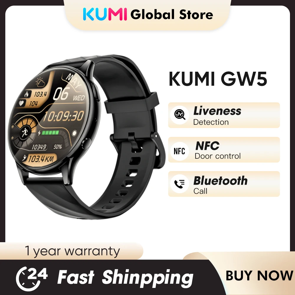 

NEW 2023 KUMI GW5 Smartwatch 1.39 inch Waterproof IP68 NFC Bluetooth 5.2 100+ Sport mode Blood Pressure Heart Rate Oxygen Monito