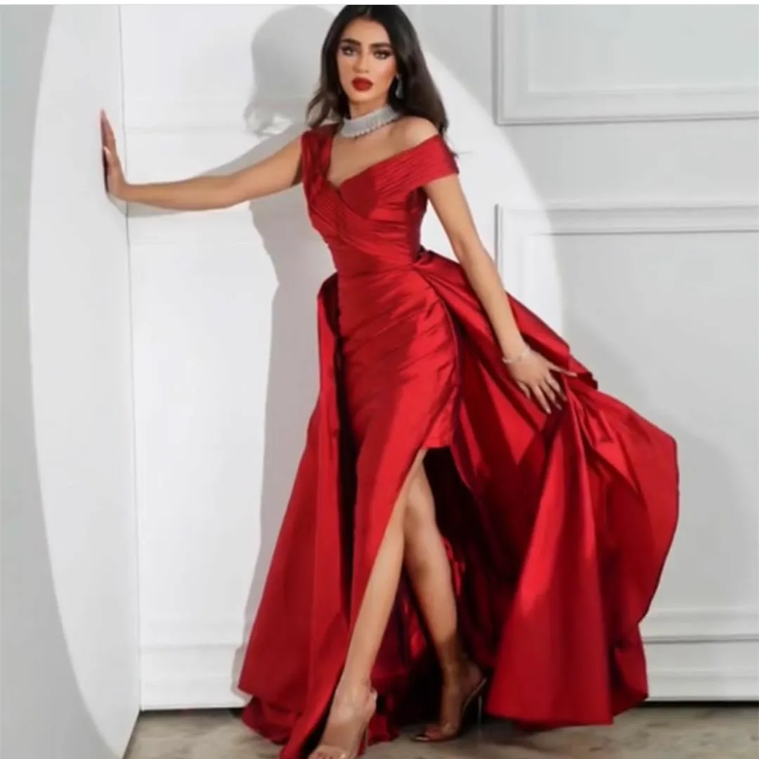 

Elegant Long Red Taffeta Evening Dress With Slit فساتين السهرة Sheath Floor Length Prom Dress Robe de soirée for Women