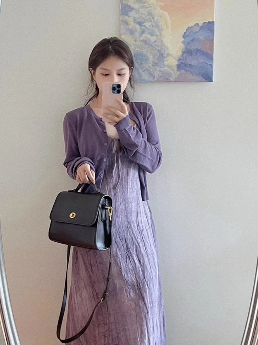 Осень 2024 новое китайское ретро платье на бретельках с рисунком тушью кардиган