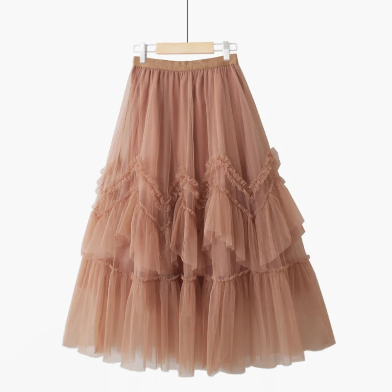 

TFETTERS Woman Skirts Korean Version Solid Color Joker A Line Skirt Spring and Summer Casual Mid-Calf Mesh Skirts Womens Clothes