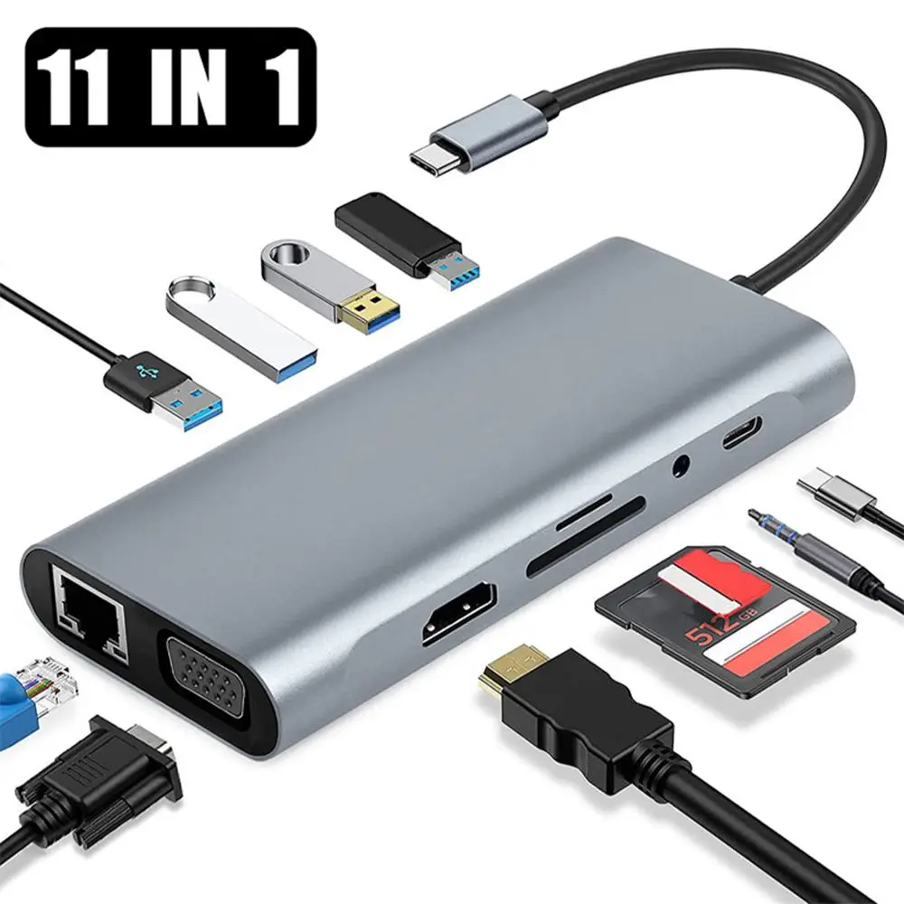 11-In-1 USB Type-C Hub 4K Dual HDMI Rj45 Ethernet 3.5mm Jack Multiport Adapter USB 3.0 PD Charging Docking Station VGA SD Reader