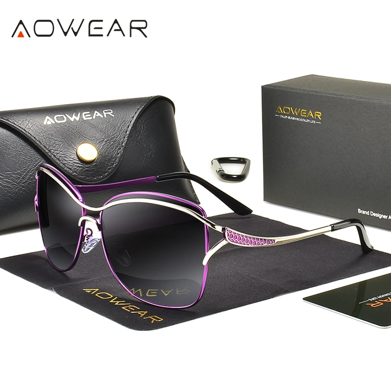 Солнцезащитные очки AOWEAR кошачий глаз с градиентом женские поляризационные Роскошные Крупные Винтажные Солнцезащитные очки UV400 женские очк...