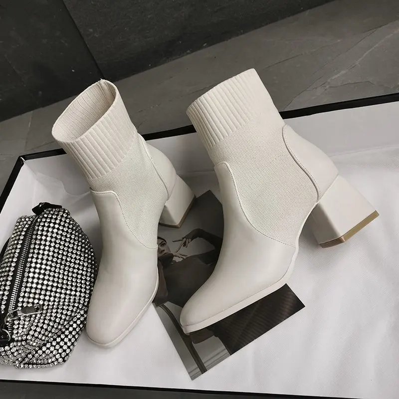 Красивые осенне-зимние женские ботинки вязаные эластичные ботинки-носки с