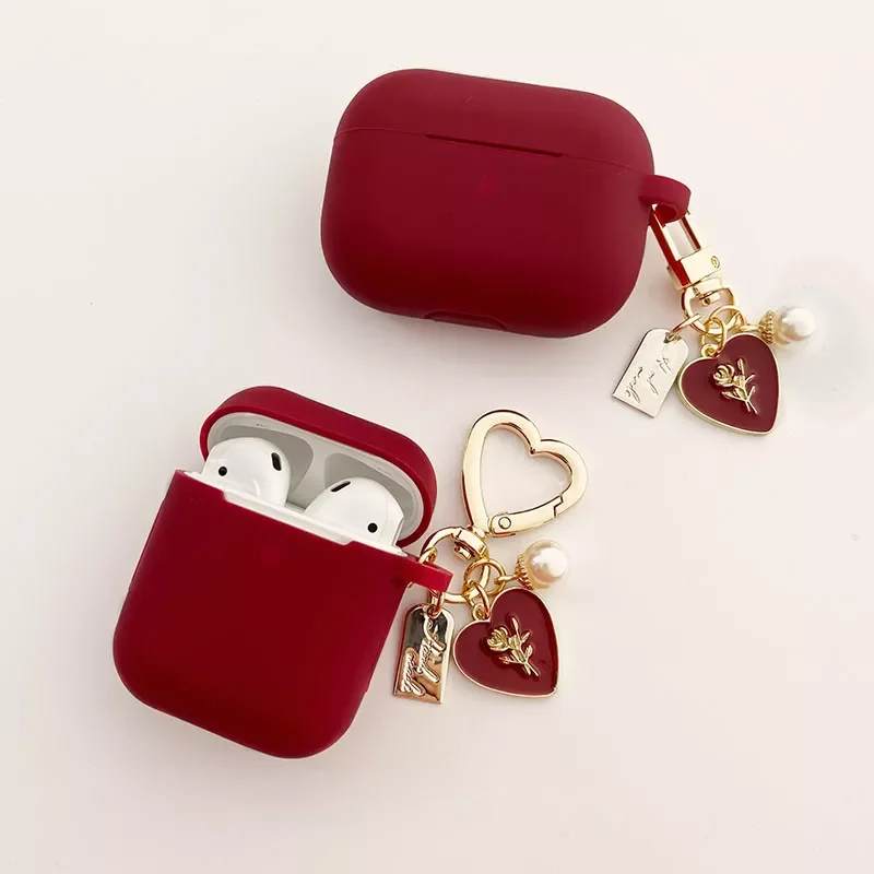 

Roses Pearl Keychain Wine Red Silicone Earphone Case For Apple 1 2 Pro 3 Bluetooth Headset Cover Sweet Cute