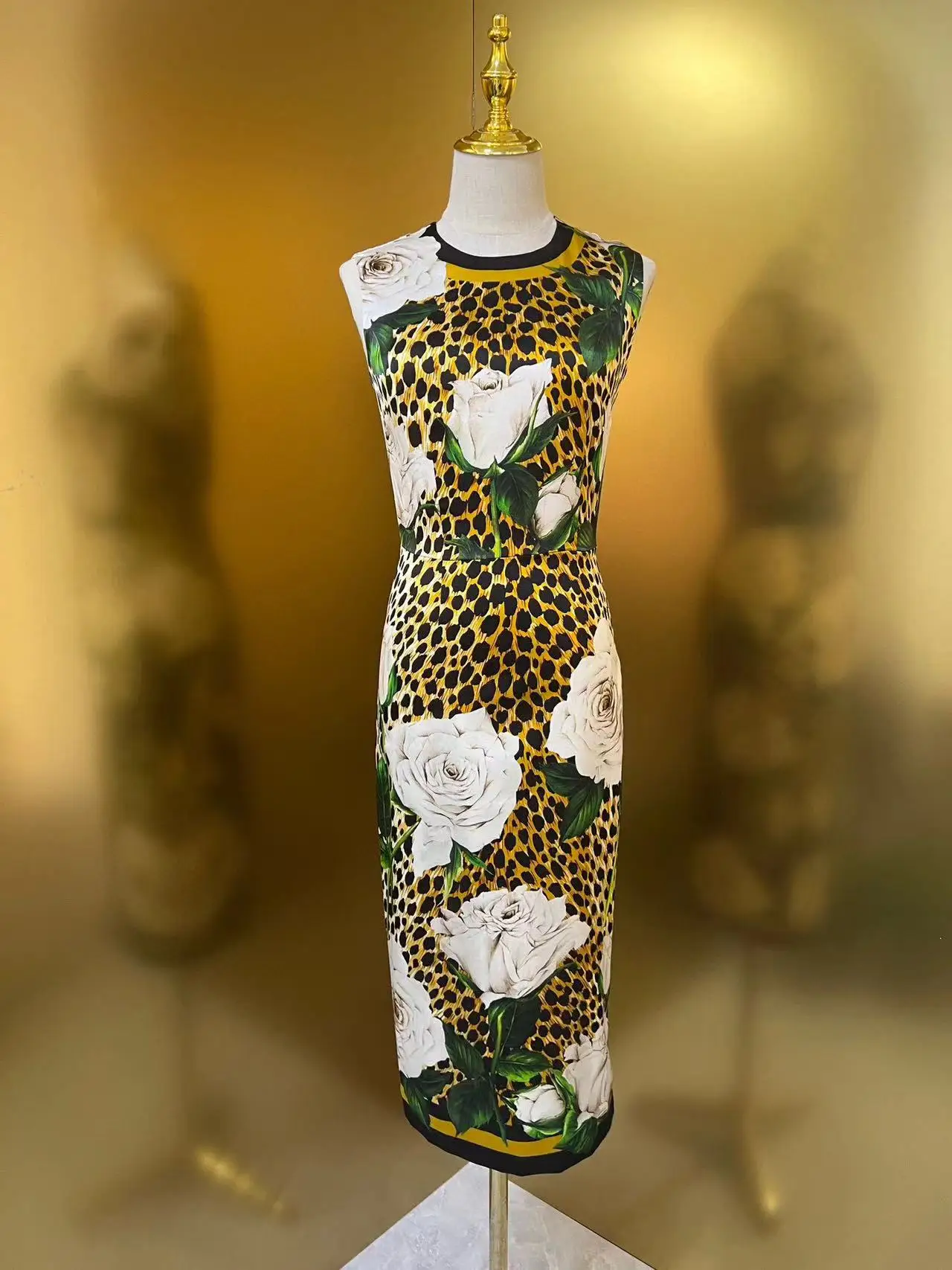 Fyion High Quality 2023 Summer Women Fashion Runway Top Holiday Midi Leopard Print Dress Ladies Slim Silk Dresses