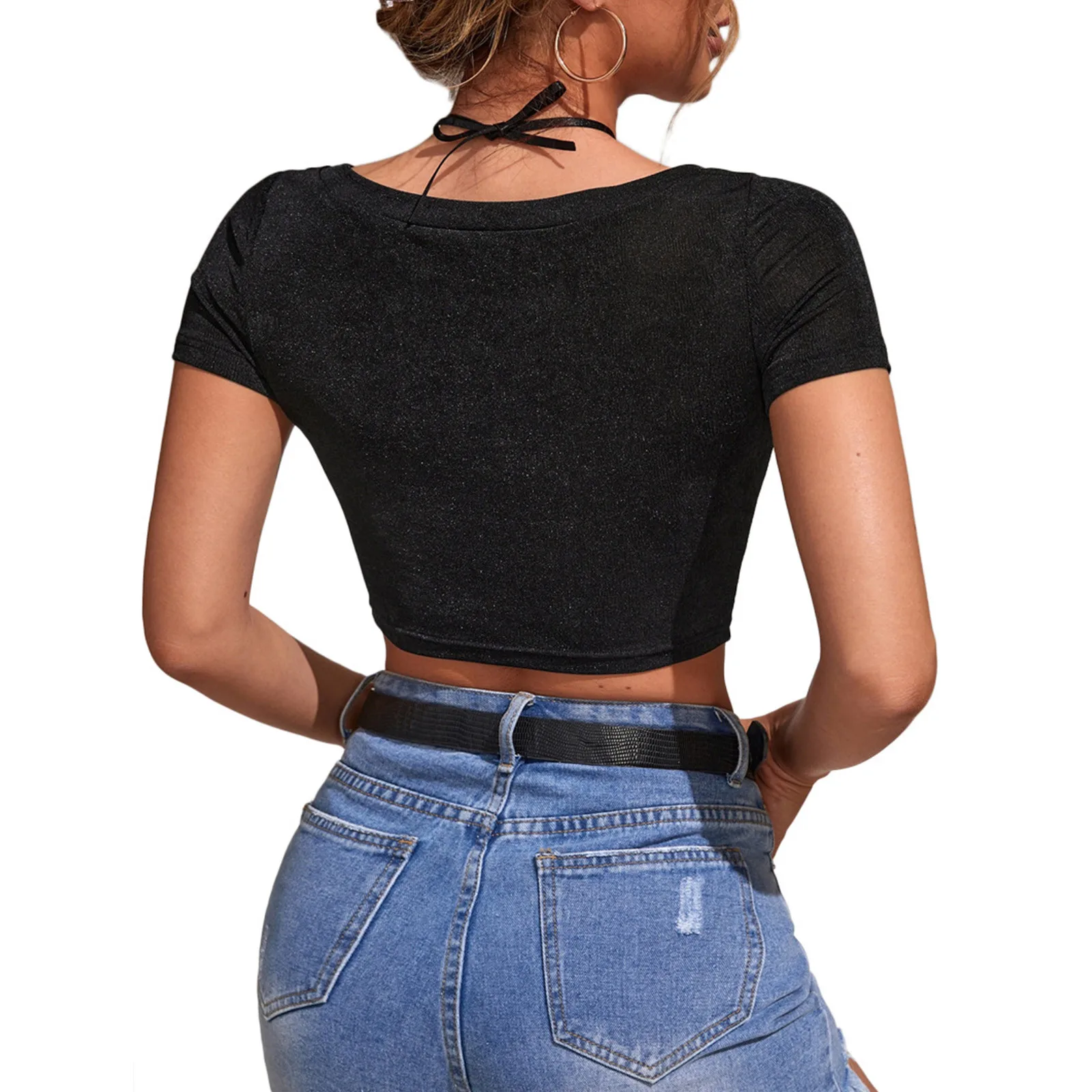 

Womens Elegant Knit Lace Short Sleeve Cutout Neck Neck Slim Fit T Shirt Top Button Blouse for Women Elbow Length Sleeves Tops