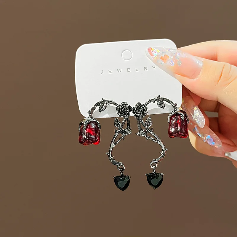 

Dark Black Wind Thorn Vine Red Rose Women's Charm Earrings Y2k Punk Rock Harajuku Gothic Jewelry Gift for Her