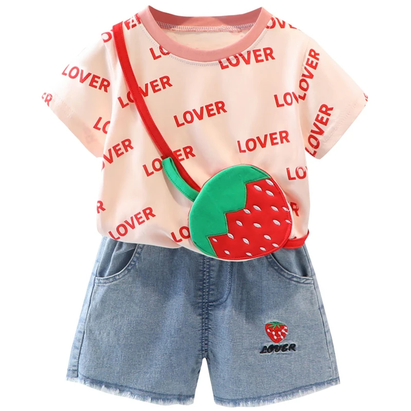 

2022 Summer Child Outfits Baby Girl Clothing Sets Short Sleeve Love Infant T Shirt Tassel Denim Shorts 2 Piece Suit Kids Clothes