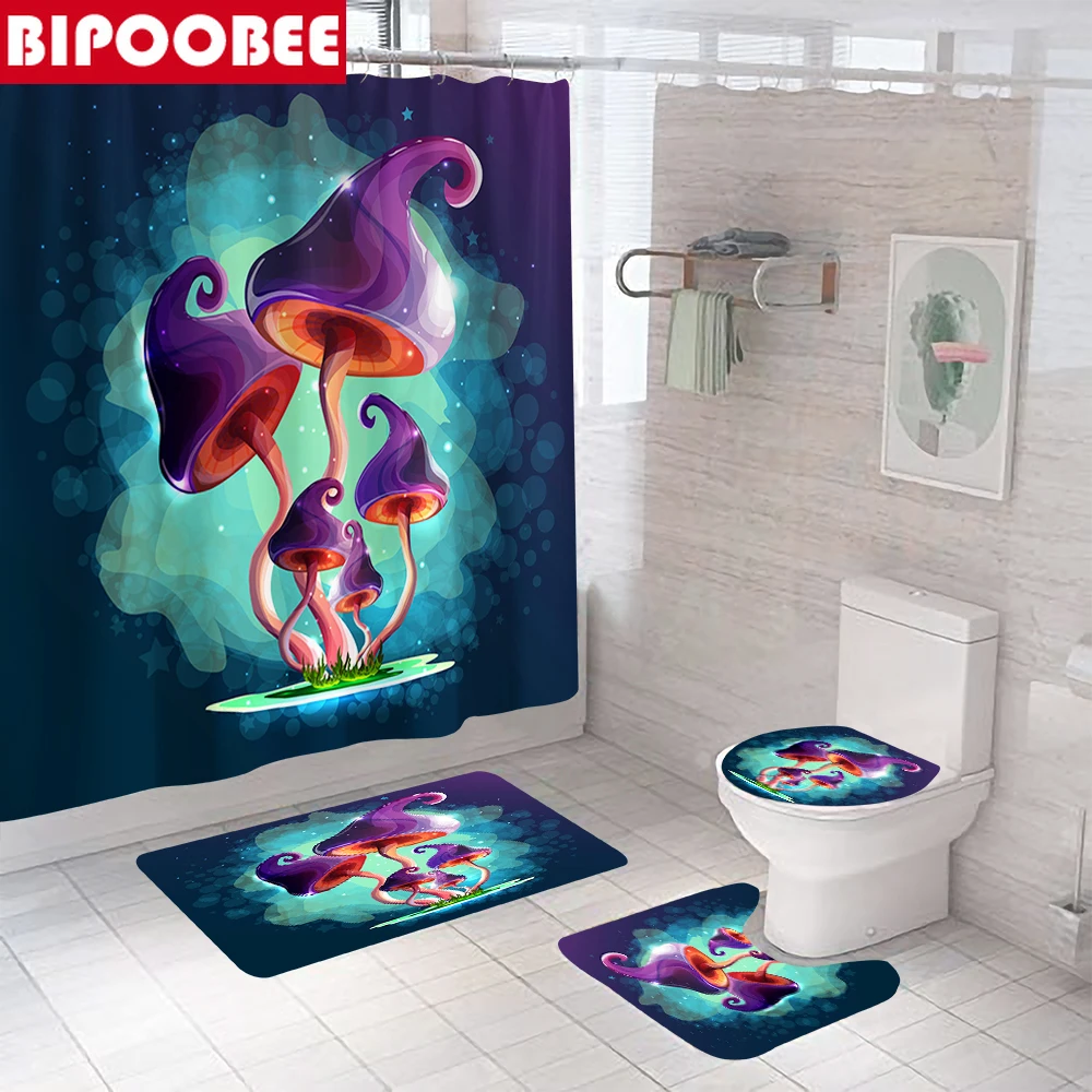 

Magic Mushroom Shower Curtain Bathroom Decor Waterproof Fabric Bathtub Curtains Cartoon Bath Mats Toilet Lid Cover Non-slip Rugs