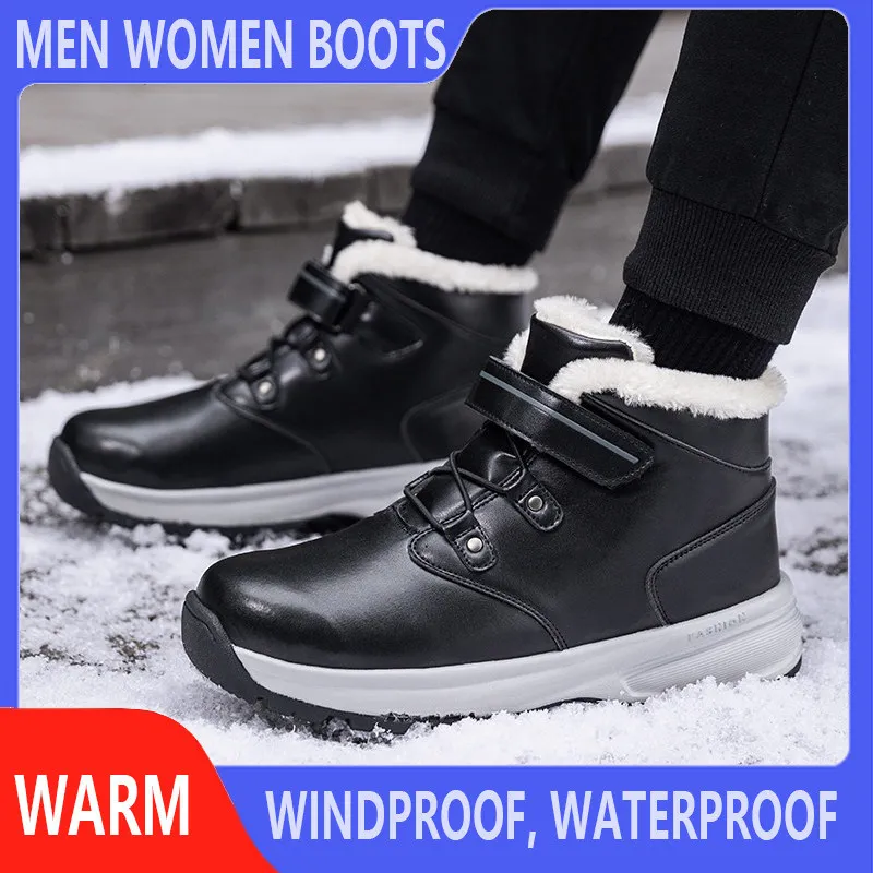 New Men Boots Fashion Leather High Top Sneakers Men Winter Waterproof Snow Boots Women Plush Warm Non-silp Hiking Shoes Men 2022