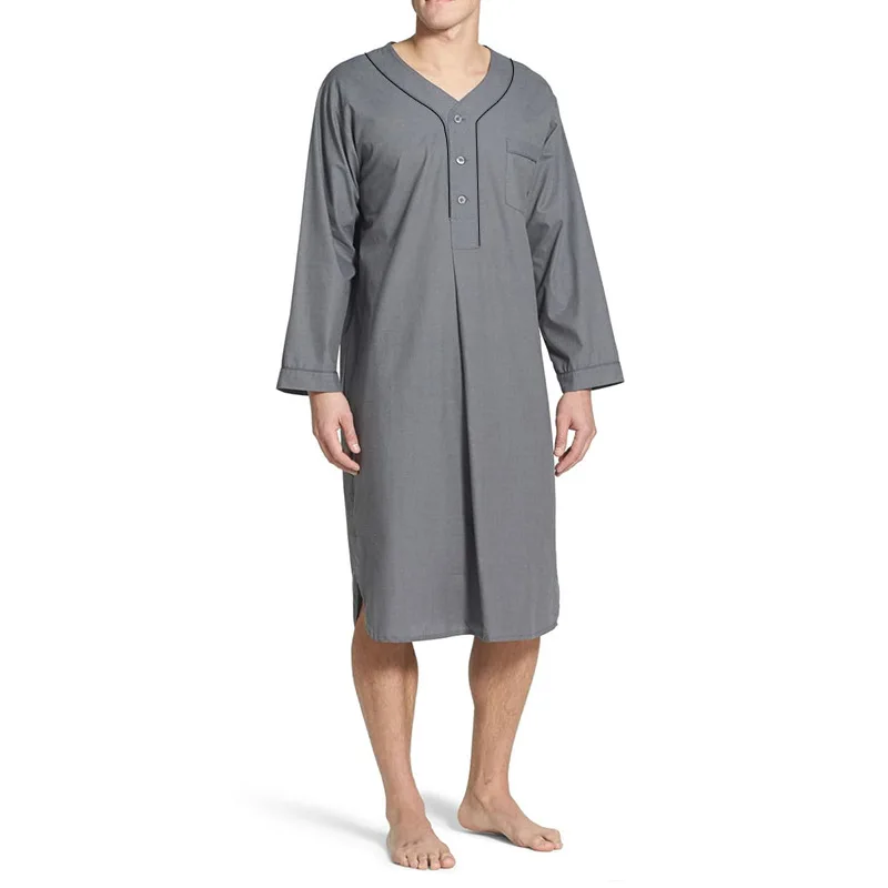 

Sleeves Solid Robe Saudi Men Arab Men Sleepwear 2022 Dubai Robe With Color Nightshirt Bath Long Pockets Kaftan Nightgown Loose