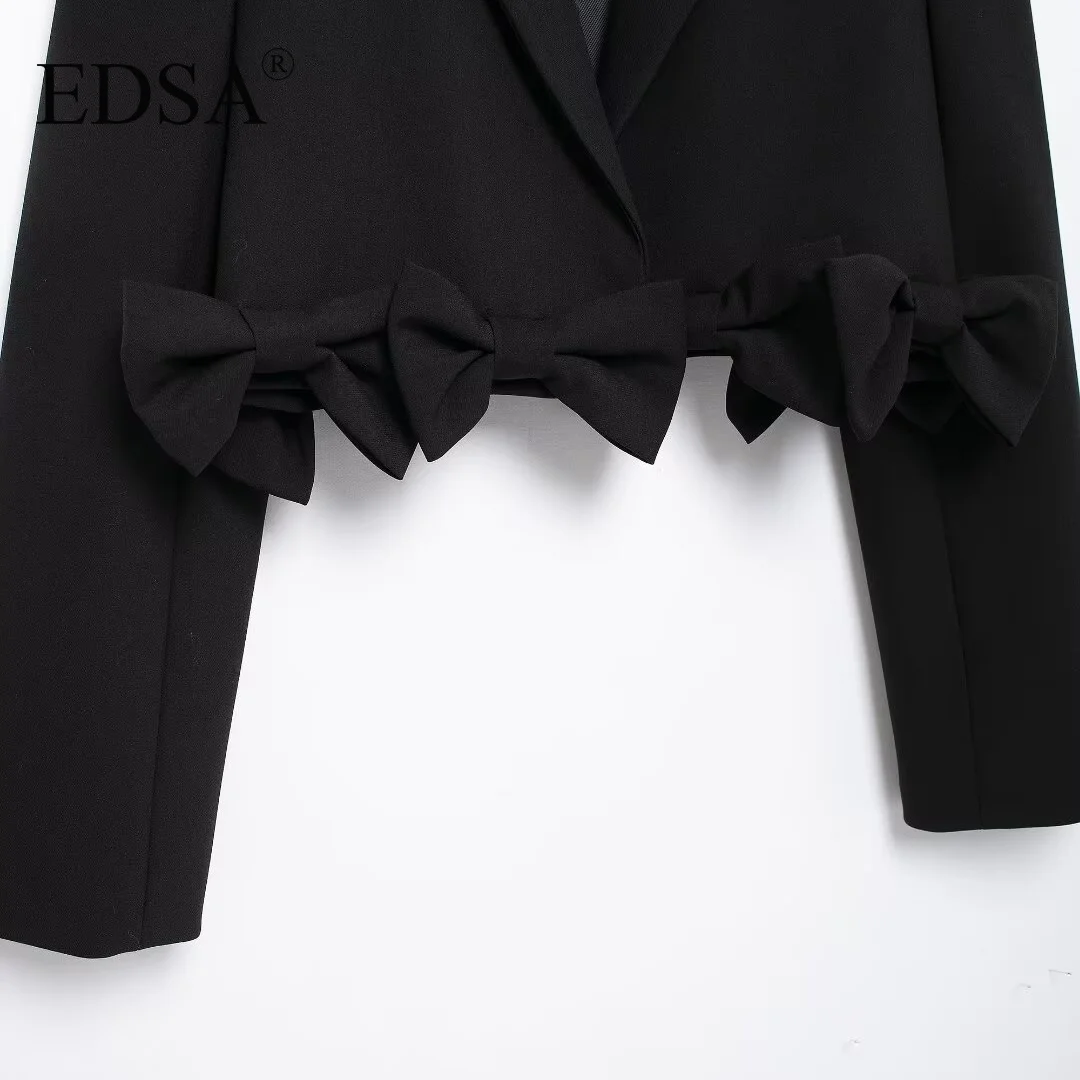 EDSA Женский Черный Короткий Пиджак С Завязками Зубчатый Воротник Длинные Рукава