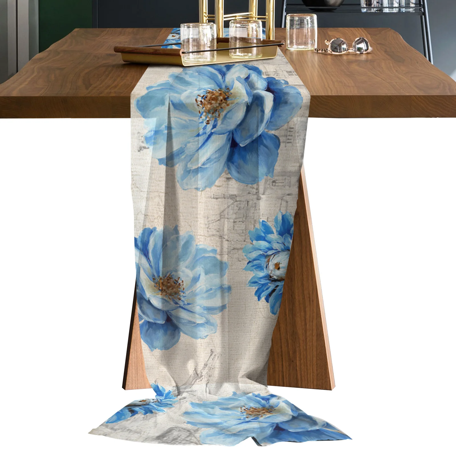 

Retro Peony Blue Flower Long Chiffon Voile Table Runner Printed Tablecloth for Wedding Coffee Table Sheer Table Runner