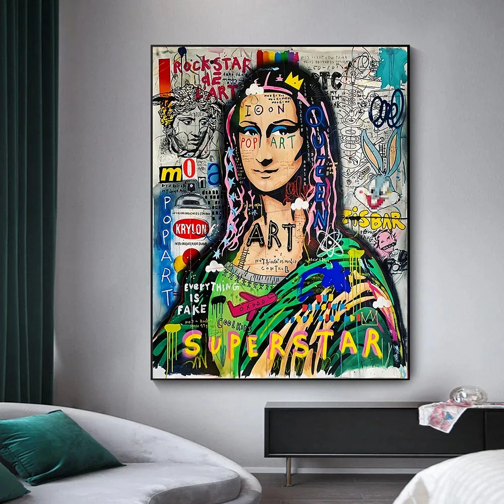 

Modern Graffiti Art Mona Lisa Canvas Painting Poster and Print Superstar Character Painting Street Pop Art Wall Picture for Home