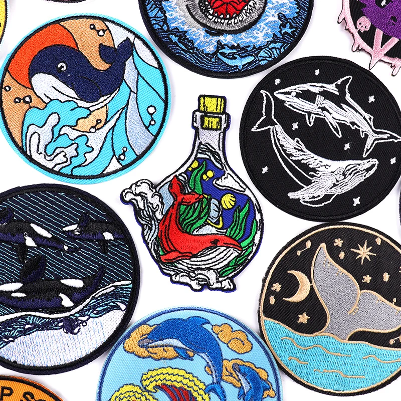 

Whale/Waves Embroidery Patch Cartoon Embroidery Patch Iron On Patches DIY Embroidered Sticker Patches For Clothes Sew Applique