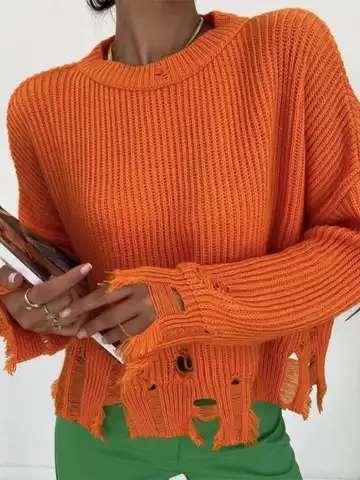 Женские однотонные вязаные свитера с рваными дырками, женский модный потертый свитер с длинными рукавами, Осень-зима 2022, повседневные женск...