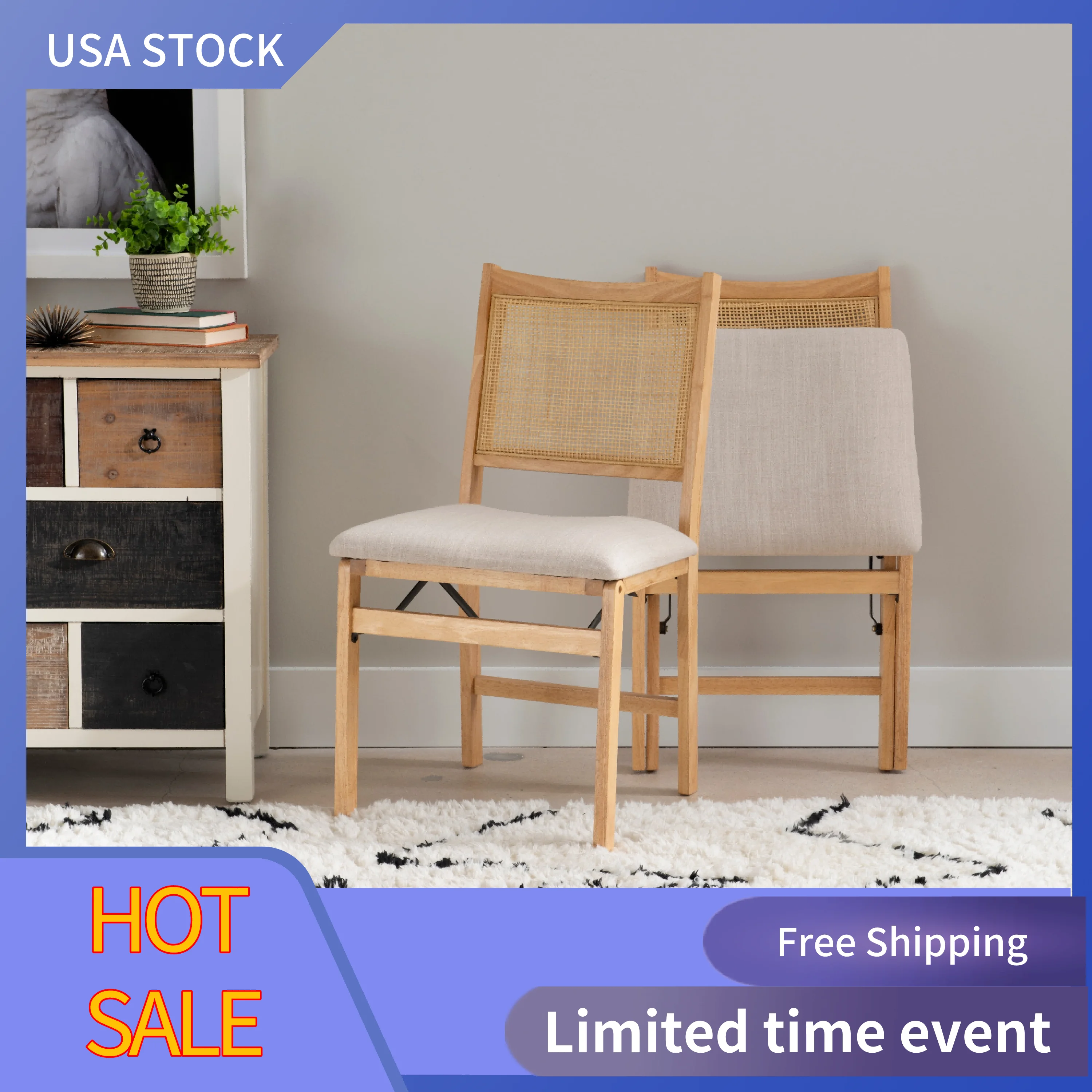 

Rattan Back Folding Chair with Upholstered Seat, Natural