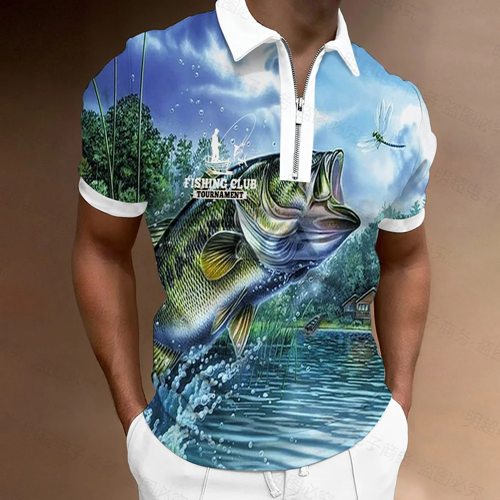 

Luxury Men's Clothing Polo Shirt Personality Street Sea Fish 3D Print Casual Short Sleeve T Shirt Men's Lapel Zip Polo Shirt
