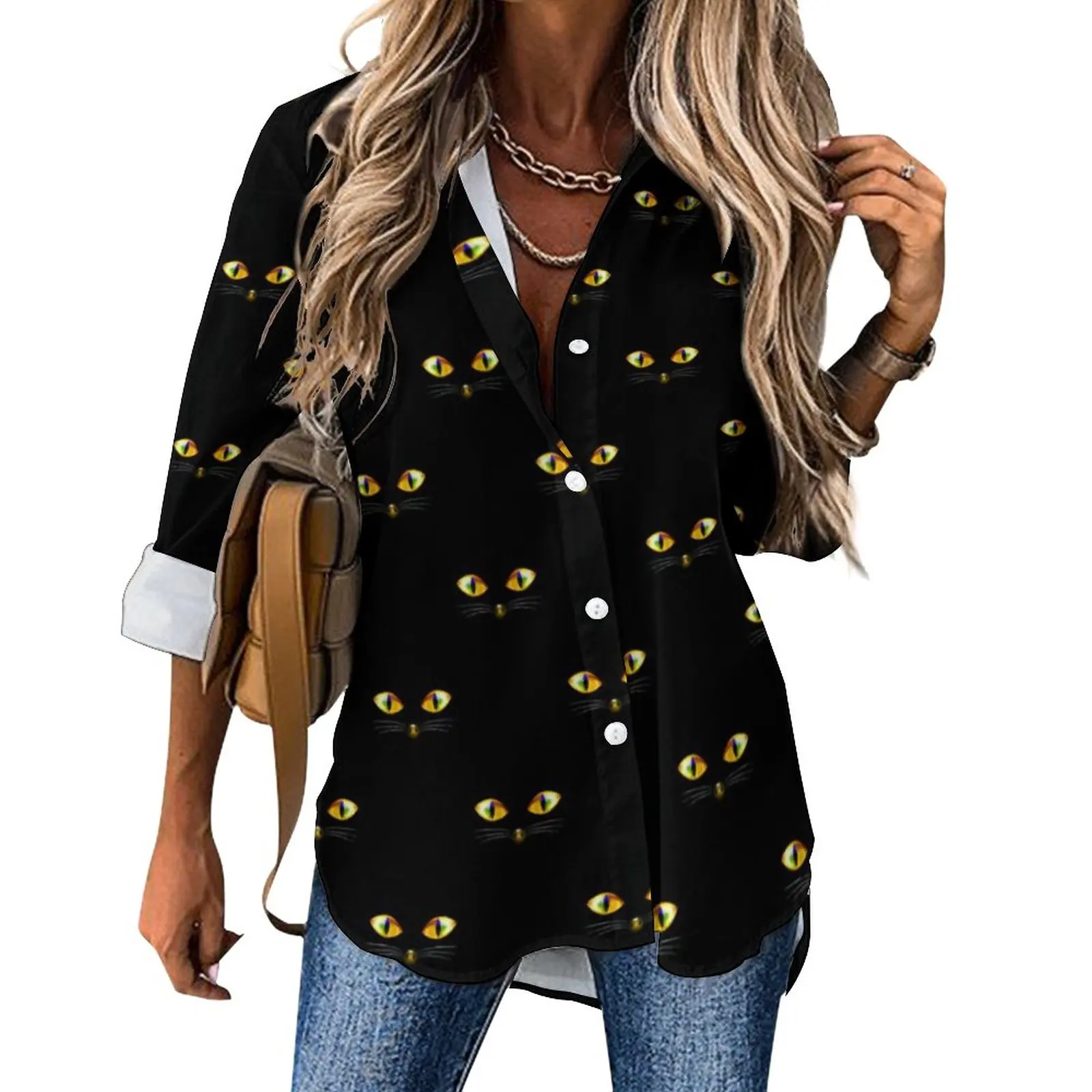 

Cat Eyes Print Casual Blouse Long Sleeve Funny Halloween Cool Blouses Women Street Fashion Oversize Shirt Custom Clothing Gift