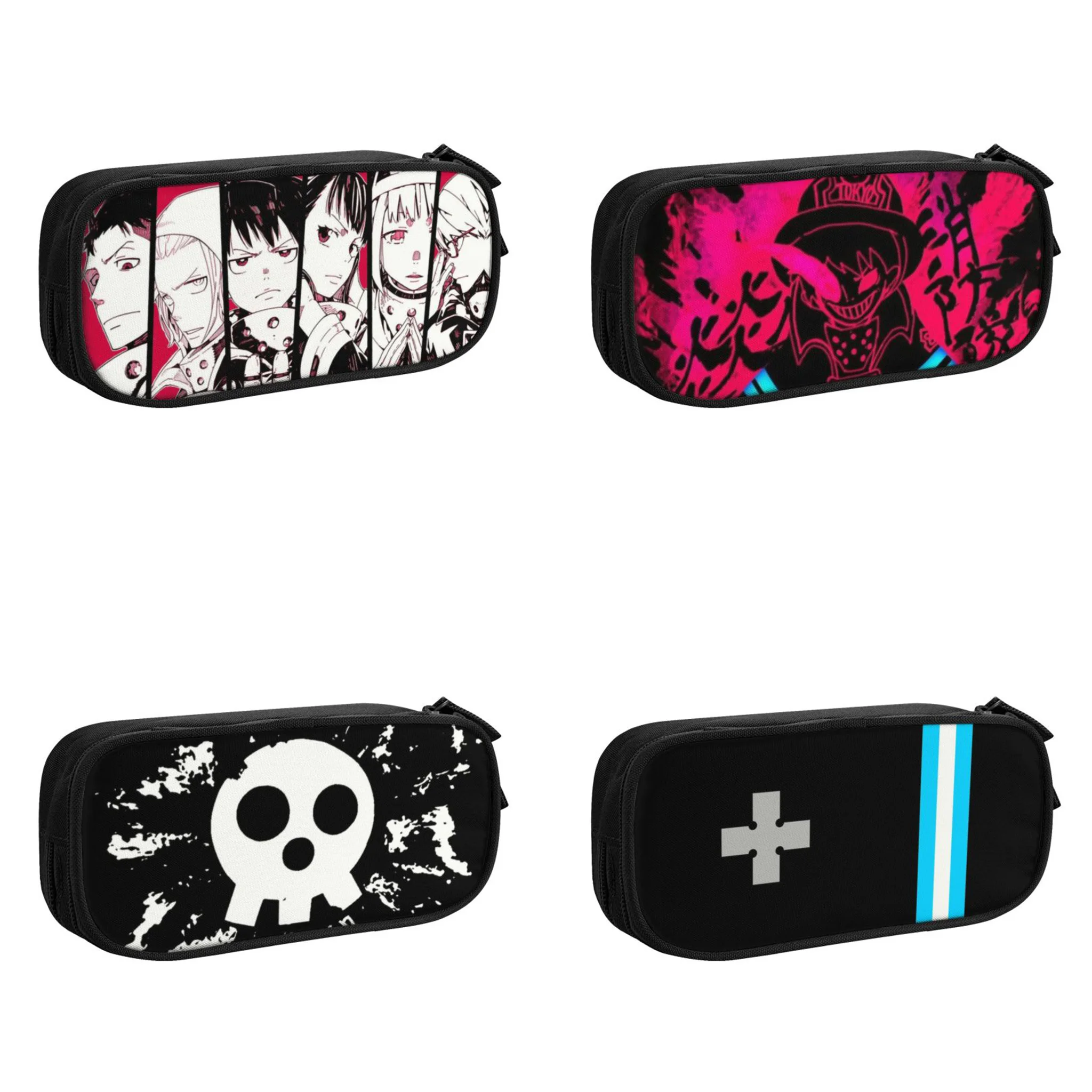 Черно-белый карандаш с рисунком черепа огненной силы для мальчиков и девочек, большой контейнер для карандашей с рисунком Аниме Манга, школьные принадлежности