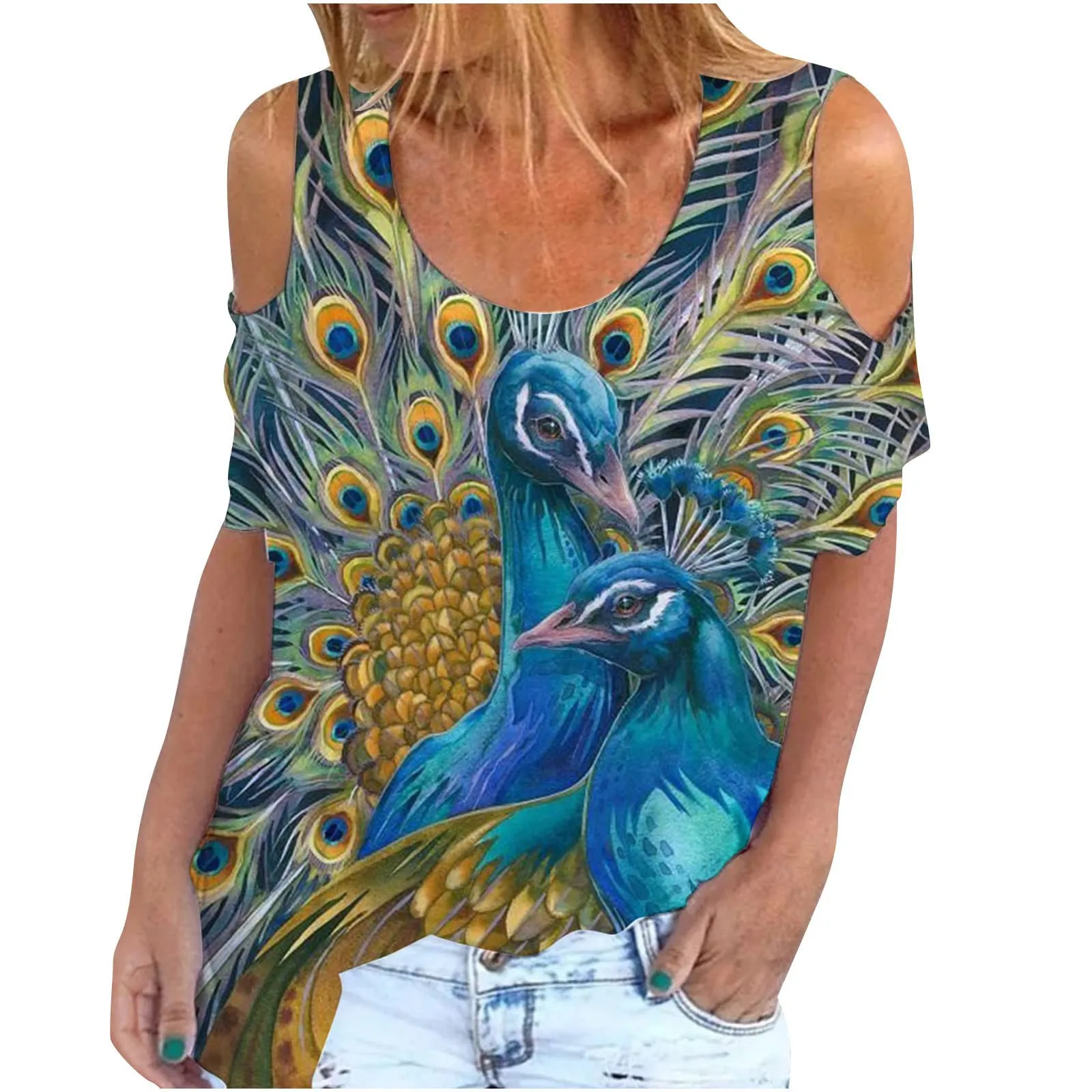 

Womens Cold Shoulder Tops Summer Short Sleeve Butterfly Shirts Tee Shirt Femme Stretch Casual Crewneck T Shirts Pullover