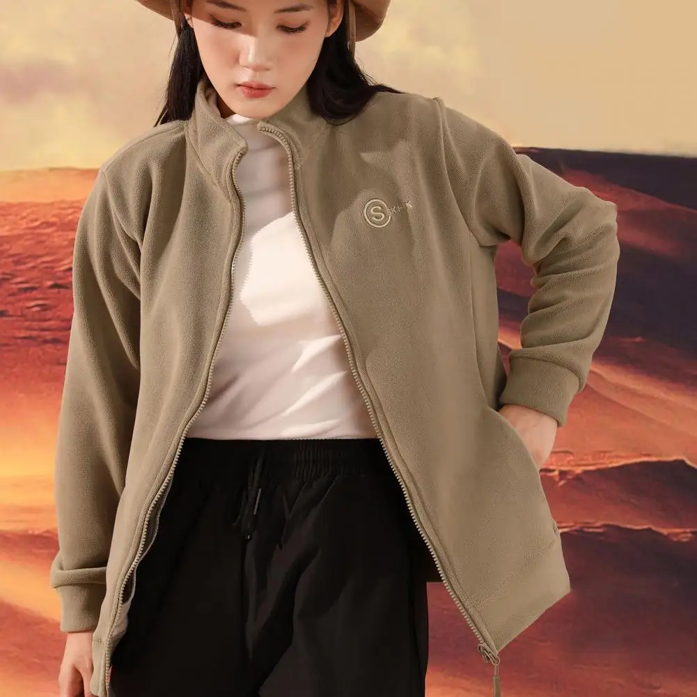 

Full-zip Fleece Jacket Stylish Stand Collar Women's Winter Coat Windproof Zipper Closure Long Sleeve Cardigan With Thickened