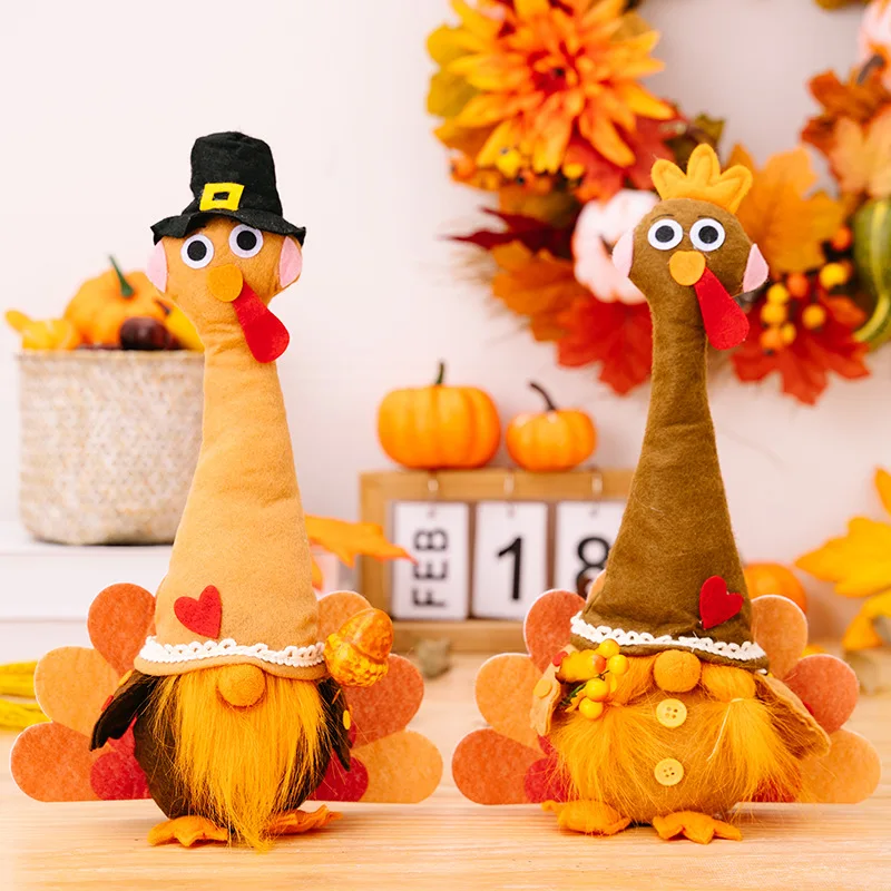 

1pc Autumn Harvest Festival Plush Turkey Doll Fall Thanksgiving Gift Turkey Figurine Gnome Halloween Party Ornaments Home Decor