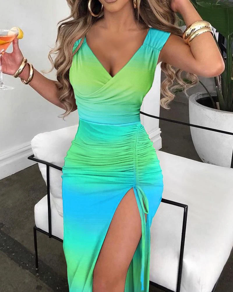 

New Female Robe Suspenders Gradient Sexy Women Drawstring Sexy Print Deep V Neck High Slit Summer Evening Dress 2022