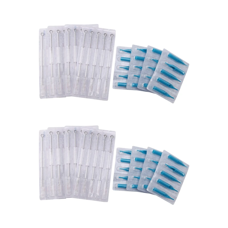 

40Pcs Stainless Steel Tattoo Needles Set With 40Pcs Disposable Tattoo Tips Tubes Set Sterile Nozzle Semi-Permanent Blue